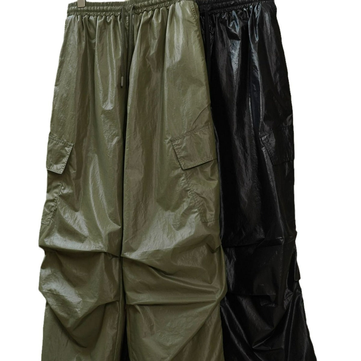 Women's Wide Nylon Cargo Palazzo Trousers with High Waist, Drawstring and Patch Utility Pockets Chichicherry