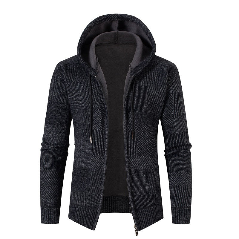 Men's Knit Hoodie Jacket with Full Zipper, Lined Hood and Structured Patchwork Look Chichicherry