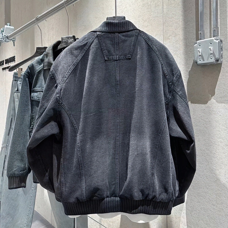 Herren Weitgeschnittene Jeansjacke mit geripptem Kontrastkragen und Vintage-Waschung Chichicherry