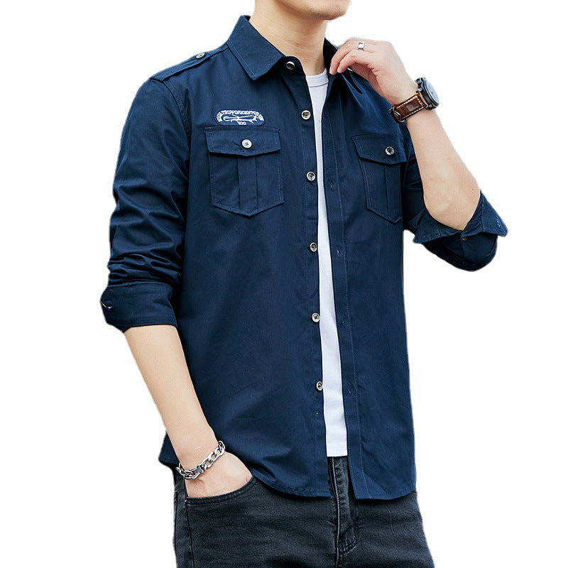 Men's Cotton Field Shirt in Military Style with Shoulder Epaulettes and Chest Flap Pockets Chichicherry