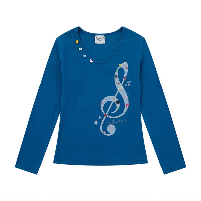 Women's Long Sleeve Shirt with V-Neck and Clef Applications Chichicherry
