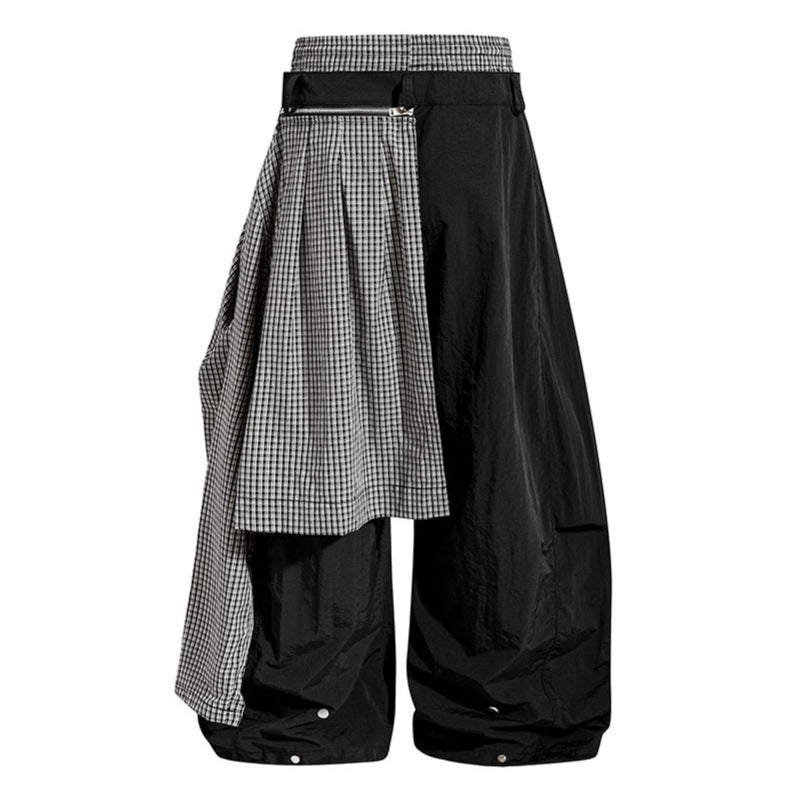 Women's wide baggy pants with asymmetrical check side panel and drawstring Chichicherry