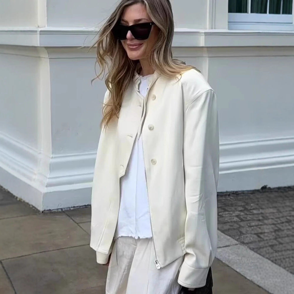 Women's bomber short jacket with stand-up collar, concealed button placket, and elastic hem Chichicherry