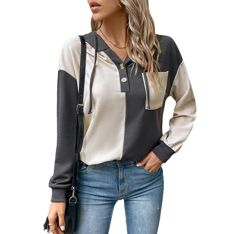 Women's Colorblock Hoodie with Waffle Texture, Button Placket and Chest Pocket Chichicherry