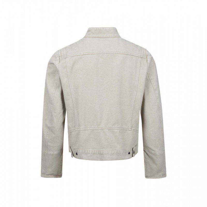 Men's Asymmetric Short Jacket in Biker Style with Stand-up Collar and Diagonal Metal Zipper Chichicherry