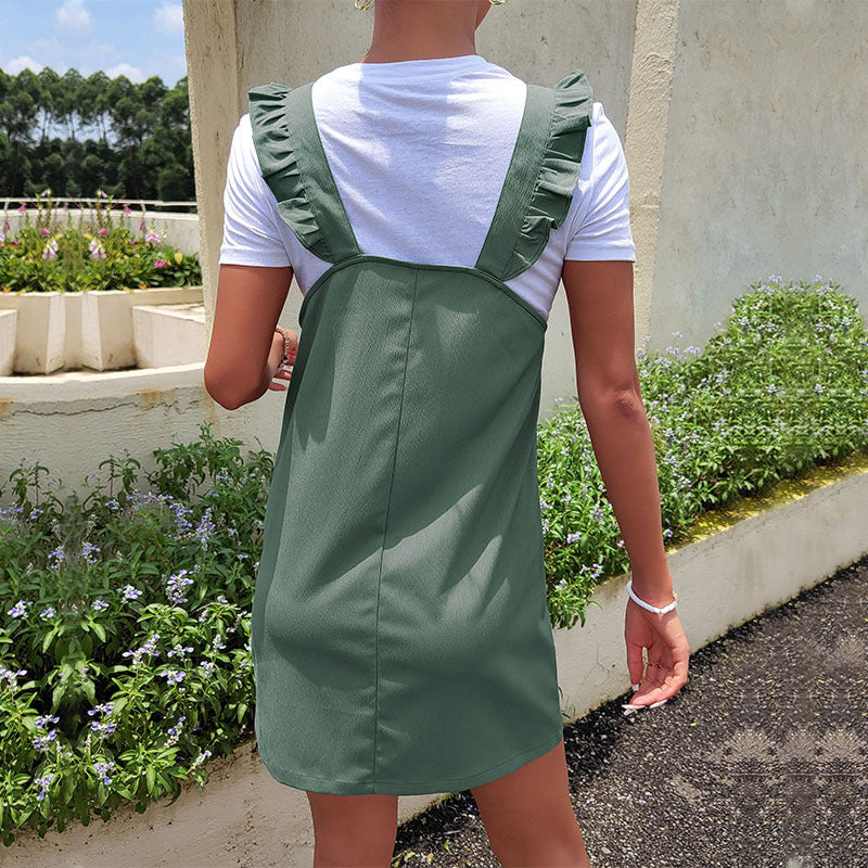 Women's dungaree mini dress with ruffled straps, patch pockets, and casual summer fit Chichicherry