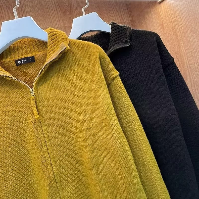 Unisex Komfortabler Reißverschluss-Strickblouson mit geradem Schnitt und Stehkragen Chichicherry