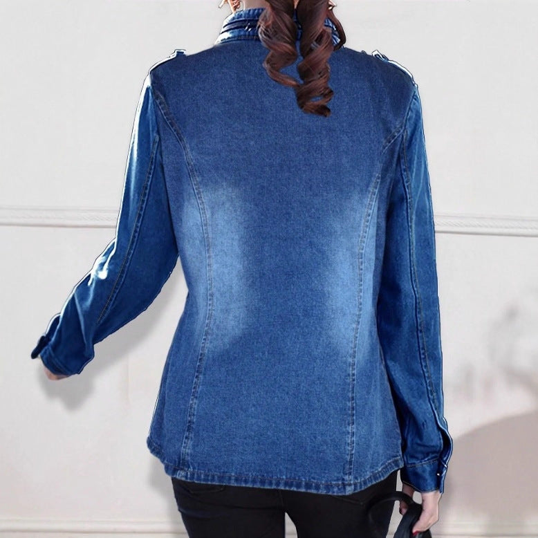 Women tailored denim jacket with stand-up collar, four flap pockets and slightly flared hem Chichicherry