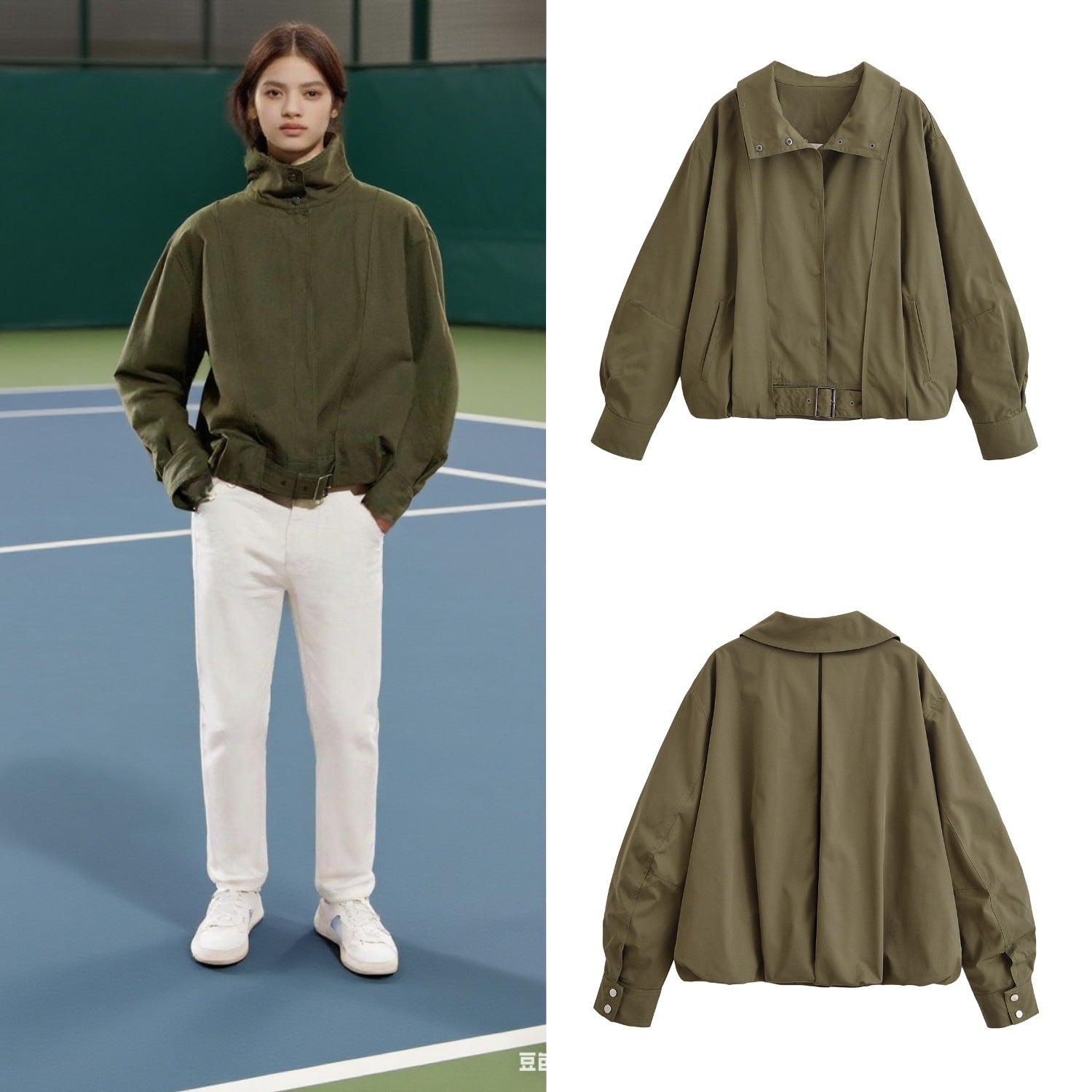 Women Oversize Bomber Jacket with Waist Belt and Stand-up Collar Chichicherry