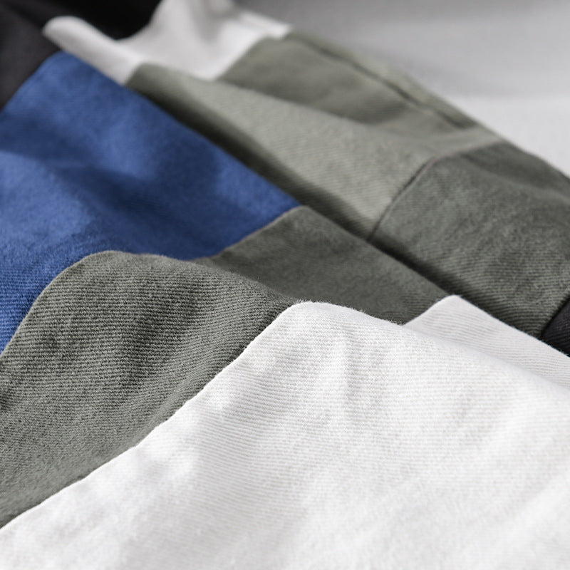 Men's Cotton Overshirt in Layering Style with Geometric Colorblock Inserts and Snap Button Placket Chichicherry