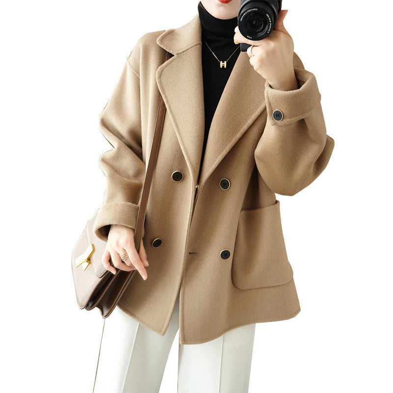 Women's short double-breasted wool blend coat with lapel collar and boxy oversized silhouette Chichicherry