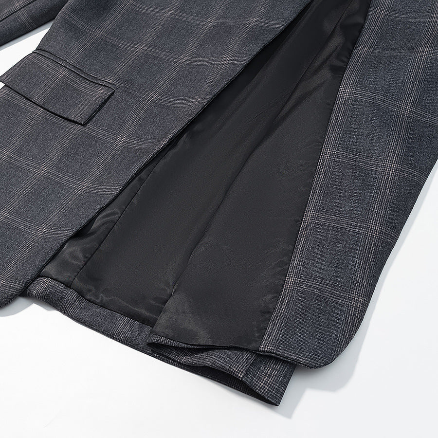 Men's Checked Stand Collar Blazer with Asymmetrical Button Placket and Patching Pockets Chichicherry