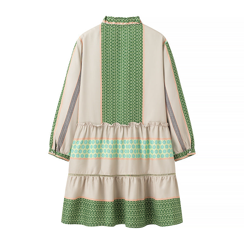 Ladies Printed Midi-Length Coat Dress with Ruffle Collar and Tiered Skirt Chichicherry