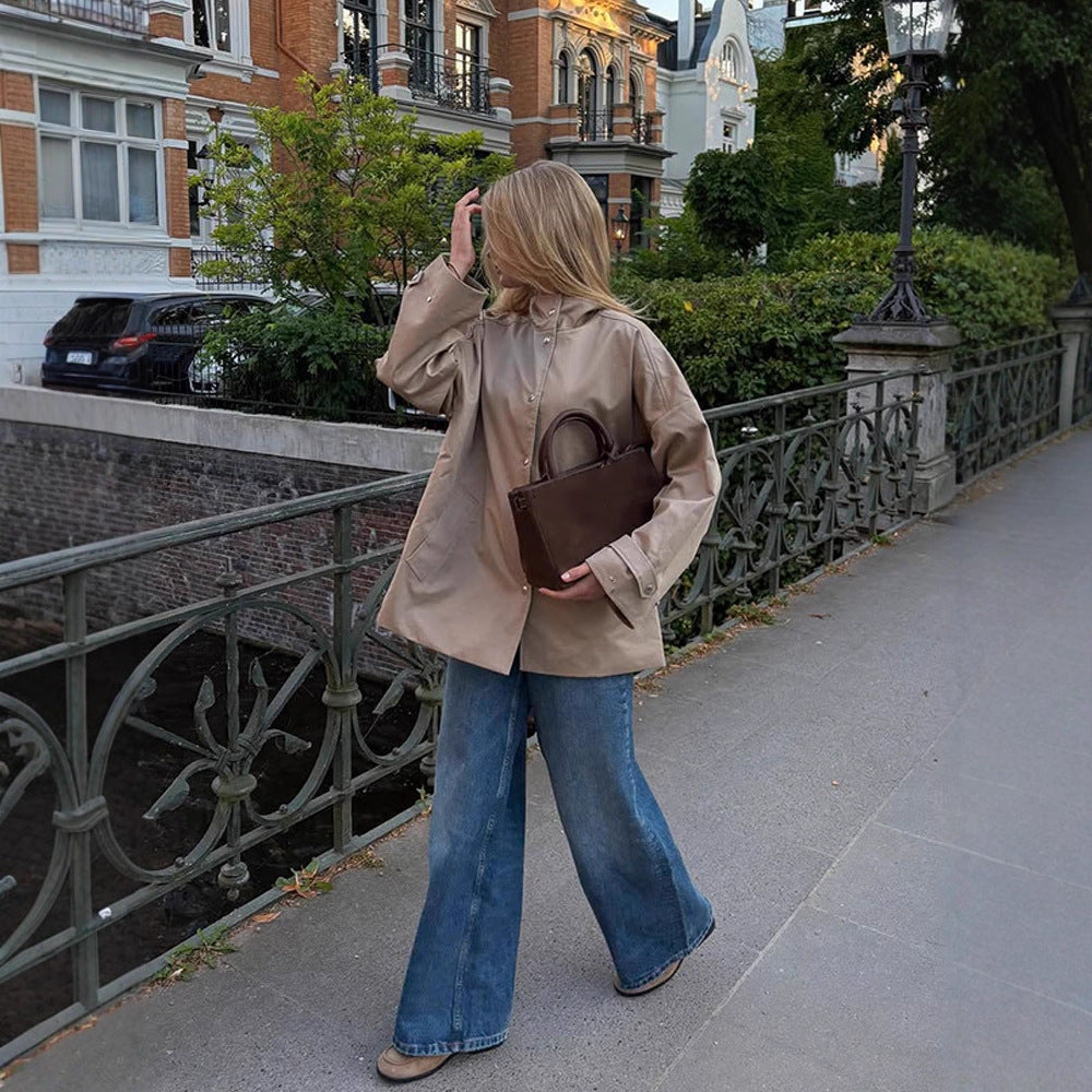 Women's oversized short coat in trench look with boxy silhouette and concealed snap button placket Chichicherry