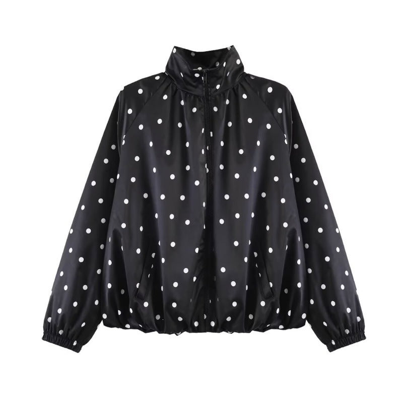 Women's Dotted Lightweight Bomber Jacket with Stand Collar, Zipper and Elastic Hem Chichicherry