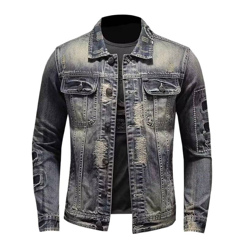 Herren Vintage-Jeansjacke mit Used-Effekten, Destroyed-Details und aufgesetzten Brusttaschen Chichicherry