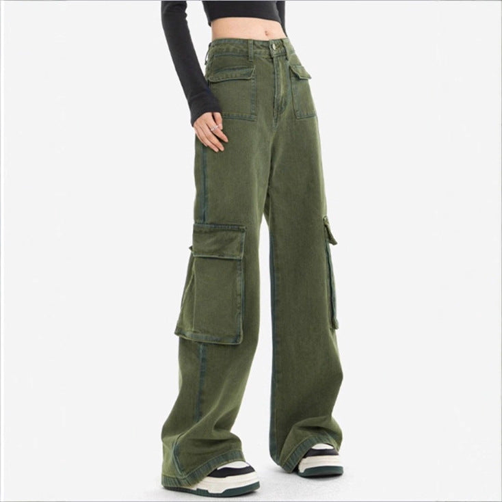 Women's high-waisted cargo jeans with wide leg, multiple flap pockets and straight cut Chichicherry