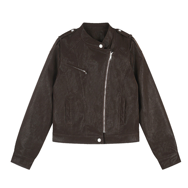 Women short-cut biker jacket made of faux leather with asymmetrical zipper Chichicherry