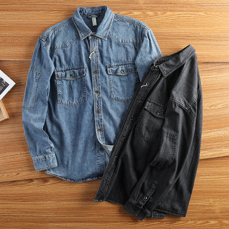 Herren Relaxed Denim‑Hemdjacke mit aufgesetzten Pattentaschen, verstärkten Ellenbogen und sichtbarer Knopfleiste Chichicherry