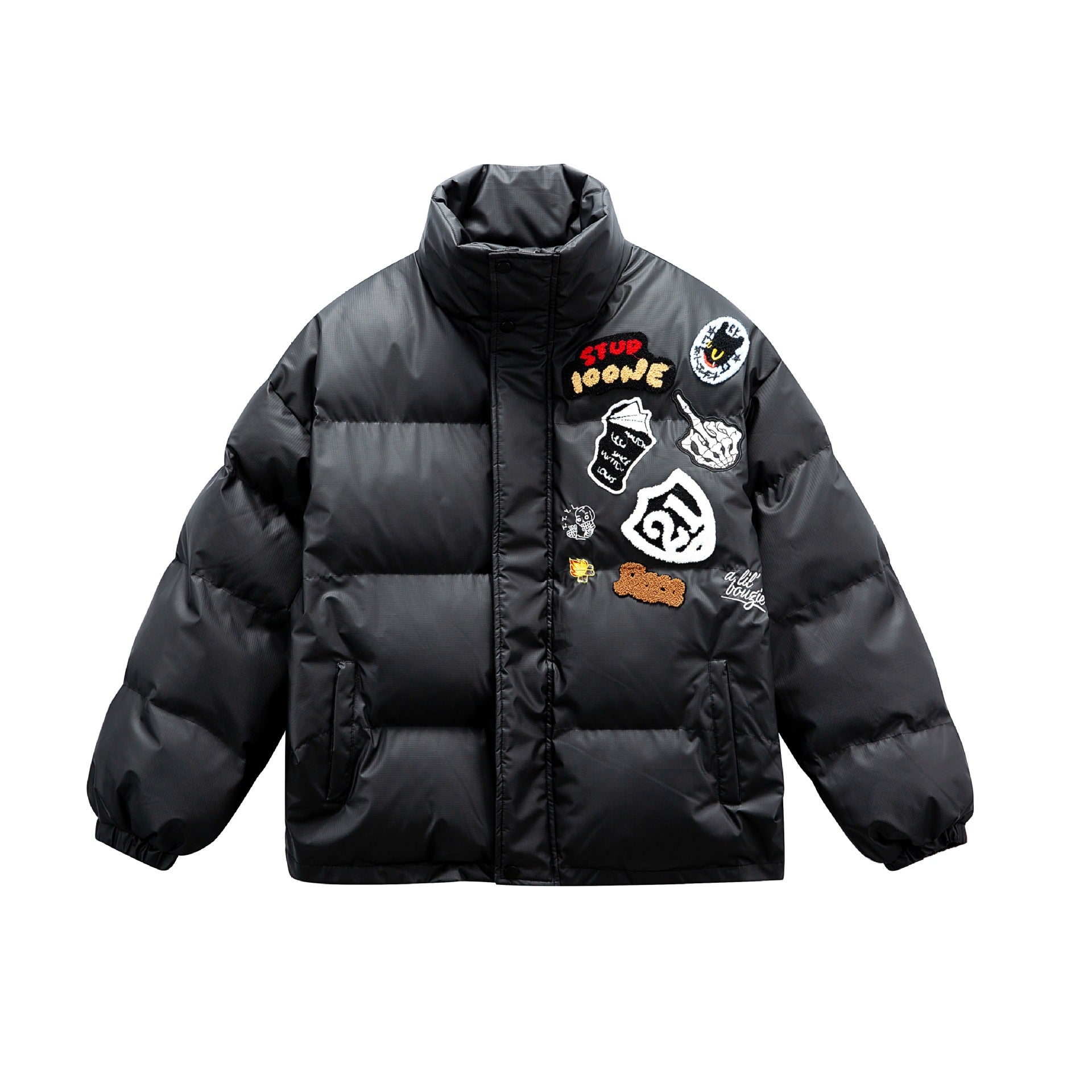 Unisex Boxy padded oversized puffer jacket with stand-up collar and statement patch details Chichicherry