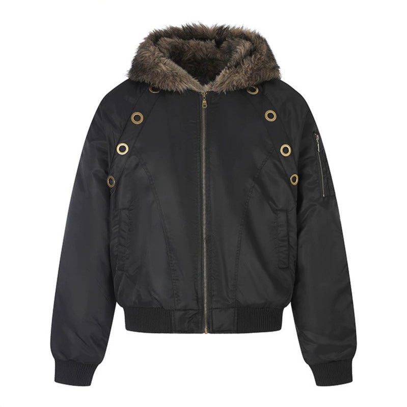 Women's short-cut bomber jacket with faux fur hood and eyelet application Chichicherry