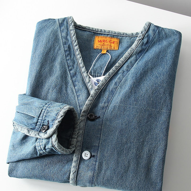 Herren Leichtes Jeans-Sakko im Overshirt-Stil mit V‑Ausschnitt und aufgesetzten Taschen Chichicherry