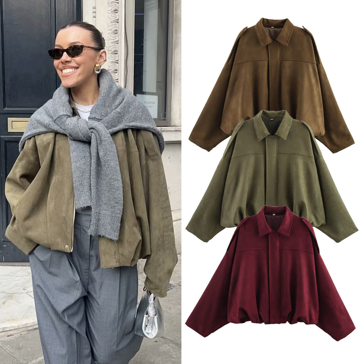 Women's short-cut oversized cape coat with balloon hem and shoulder flaps Chichicherry