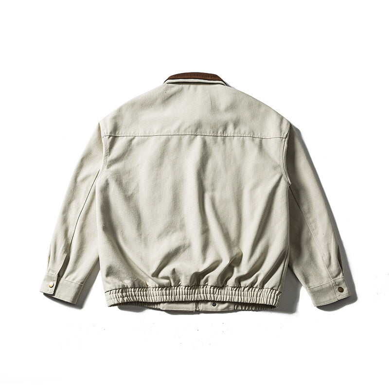 Men's Boxy Canvas Blouson Jacket with Cord Collar, Zipper Chest Pockets and Elastic Hem Chichicherry