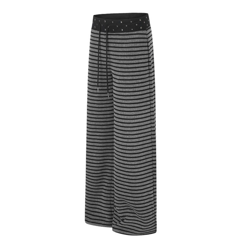 Women's Striped Palazzo Relax Pants with Studded Waistband and Drawstring Chichicherry
