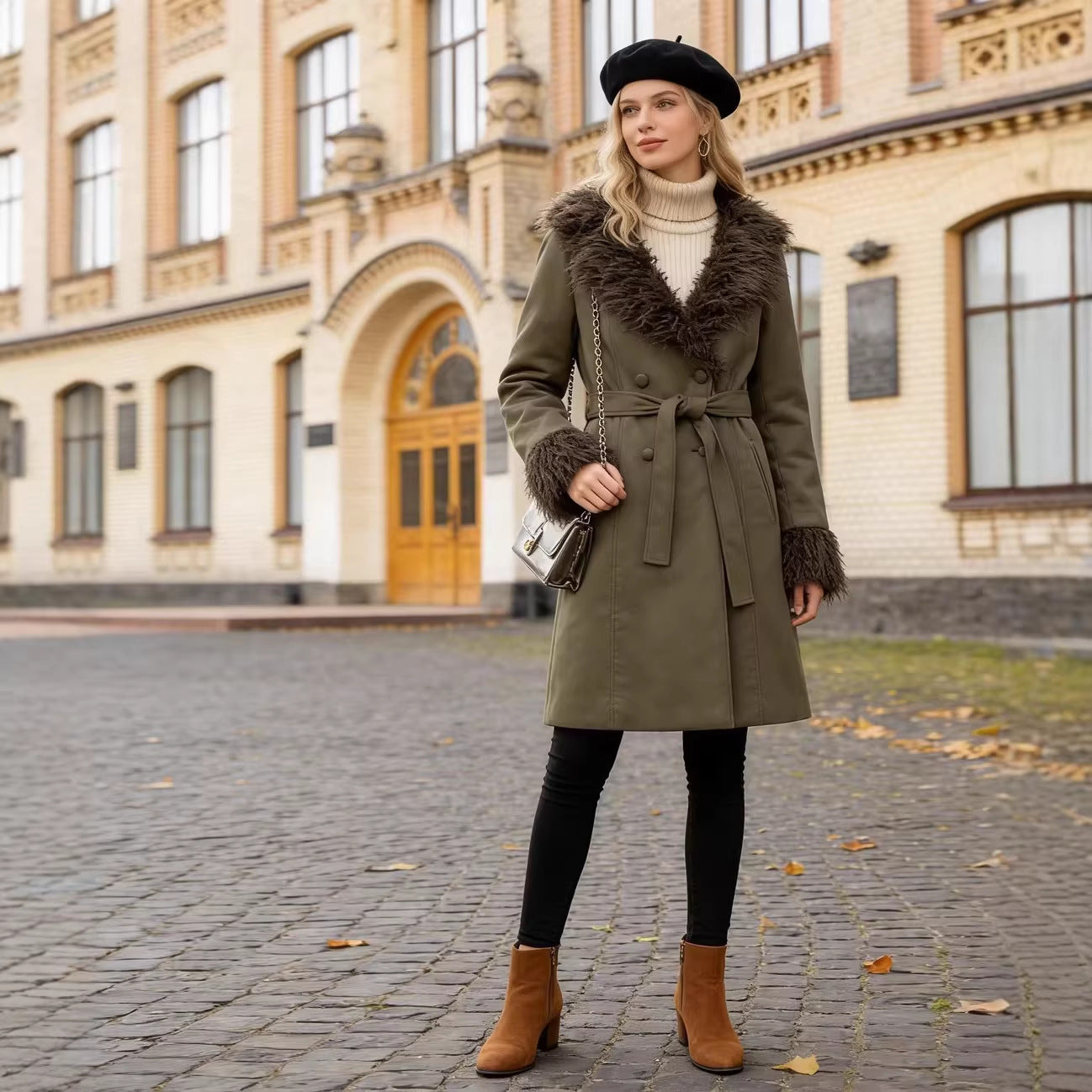 Women Long Coat in Lambskin Look with Tied Belt and Fur Collar Chichicherry