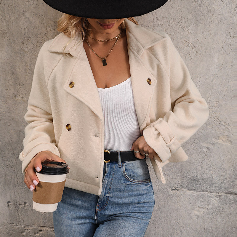 Women's Short Jacket Double-Breasted Wool Blend with Notched Collar and Rolled-Up Sleeves Chichicherry