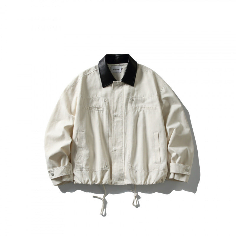 Men's Boxy Utility Jacket with Faux Leather Collar, Drawstring and Snap Cuffs Chichicherry