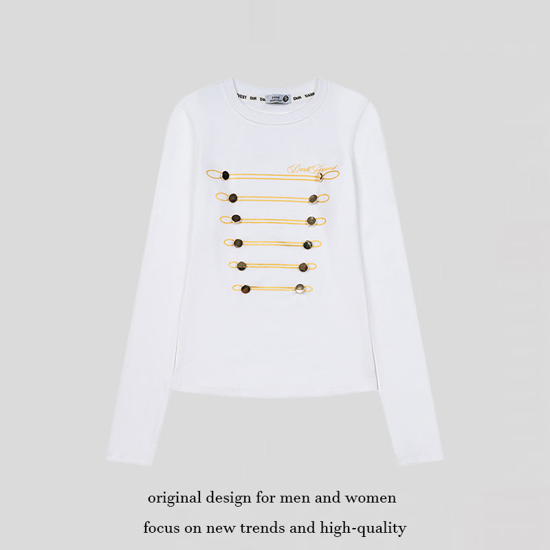 Women's Long Sleeve Shirt with Decorative Cord and Button Application Chichicherry
