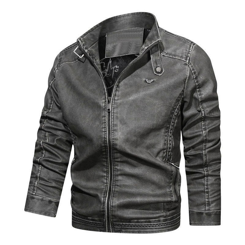 Men's tailored denim bomber jacket with stand-up collar and detailed sleeve stitching Chichicherry