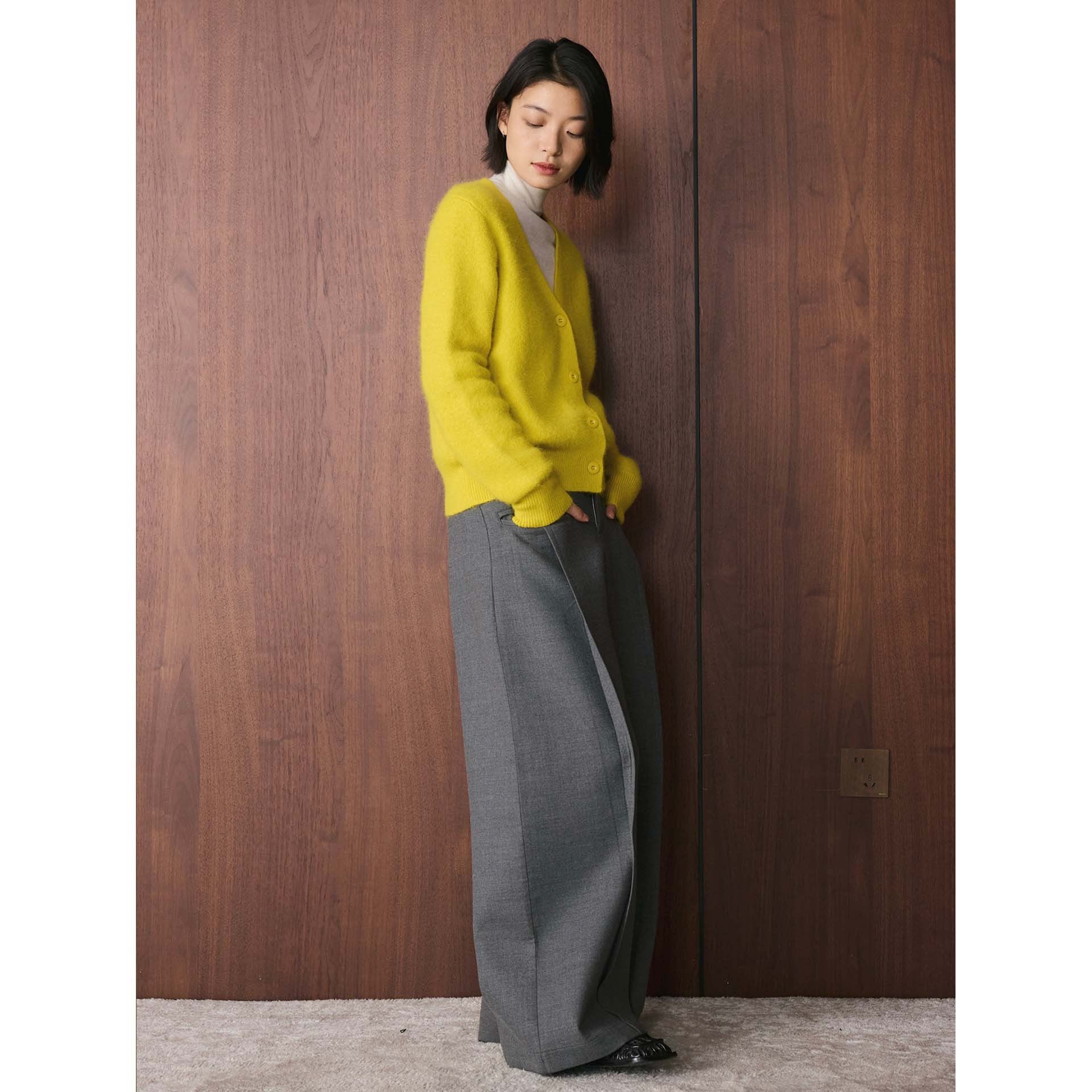 Women's Cozy Mohair-Look Button Cardigan with V-Neck and Short Hem Chichicherry