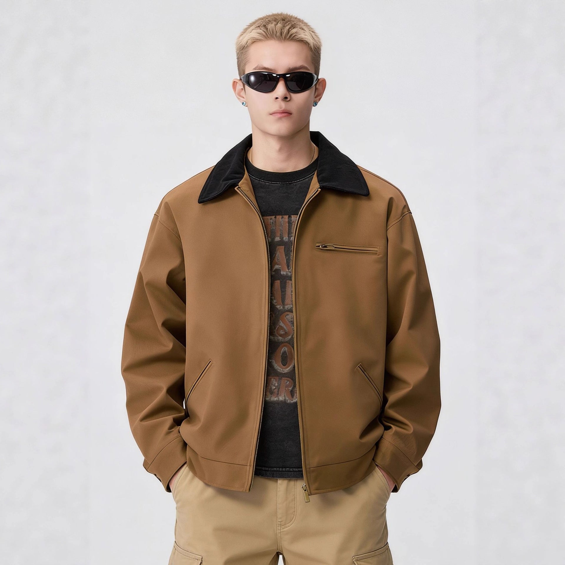 Herren Zip-Blouson im Worker-Stil mit Cordkragen und Brusttasche Chichicherry