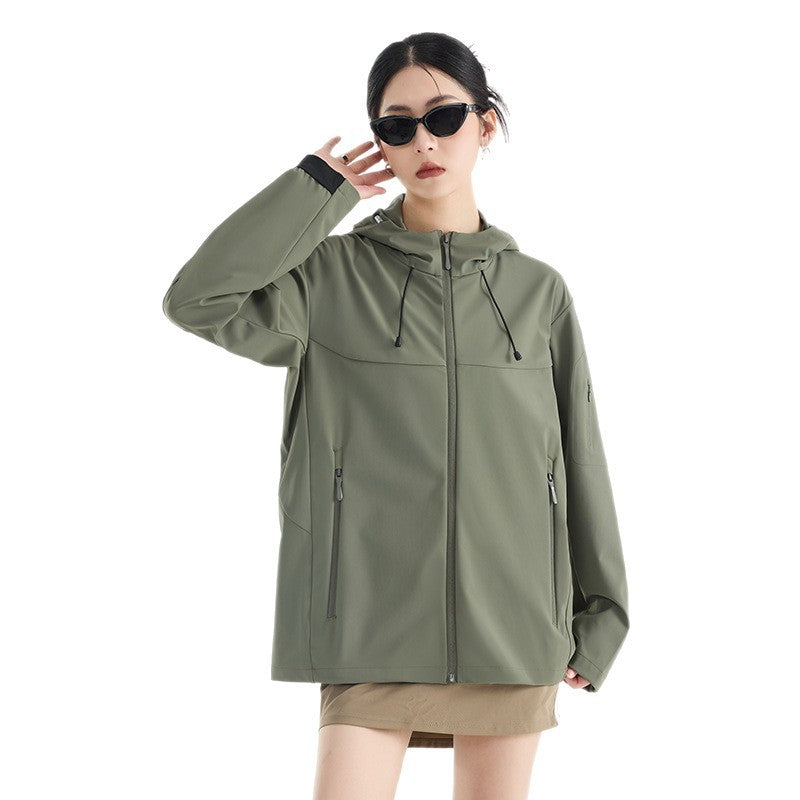 Women's Breathable Softshell Rain Jacket with Hood, Windproof and Minimalist Tech Look Chichicherry