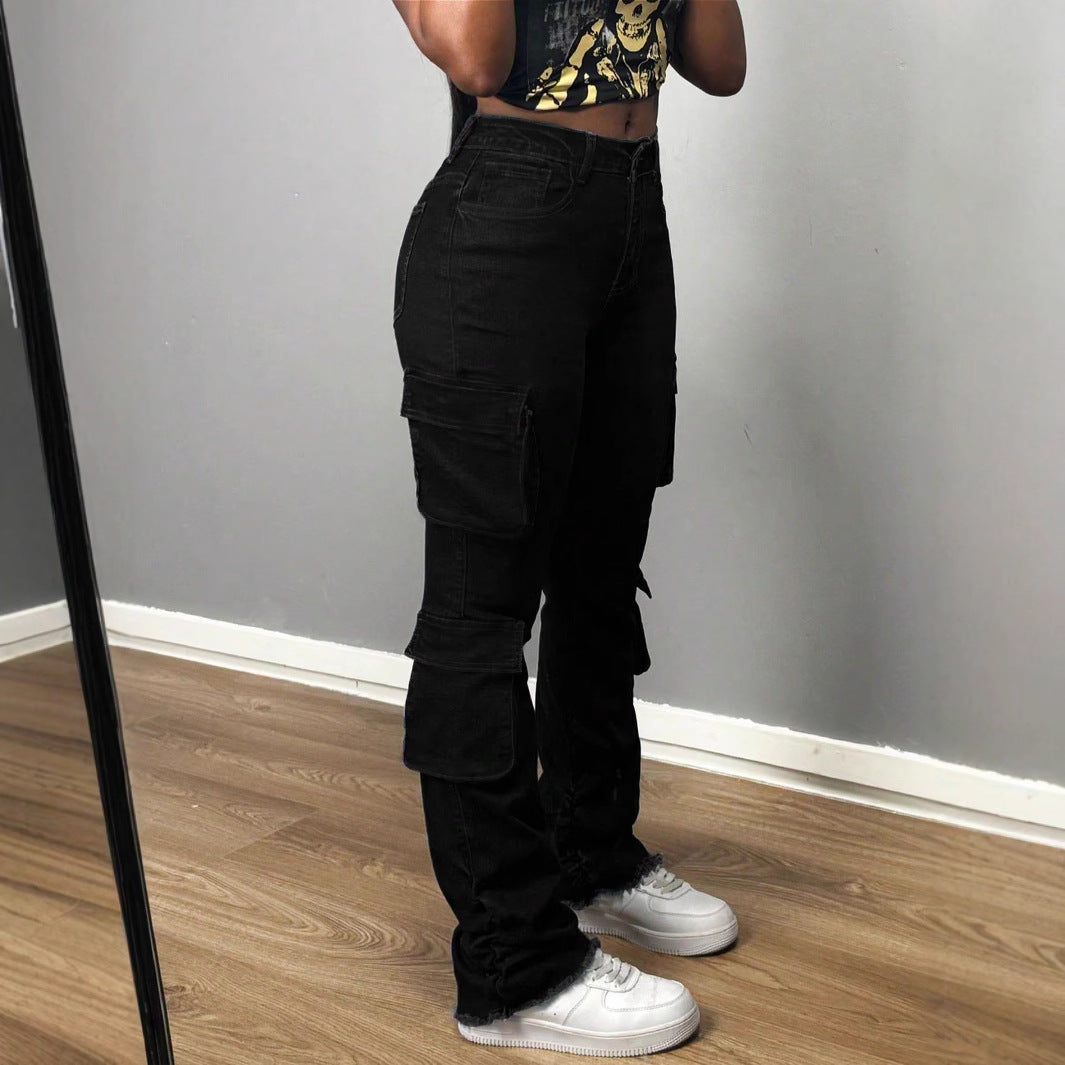 Ladies High-Waisted Cargo Jeans with Multiple Flap Pockets and Long Leg Chichicherry