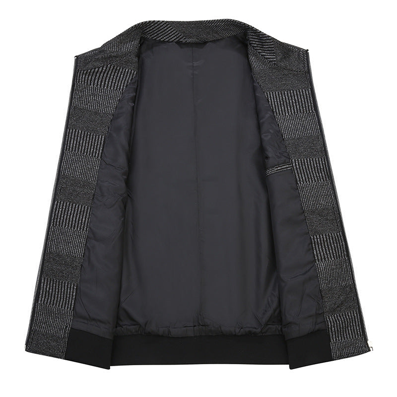 Men's Structured Bomber Jacket with Fine Stripe Texture and Concealed Zipper Chichicherry