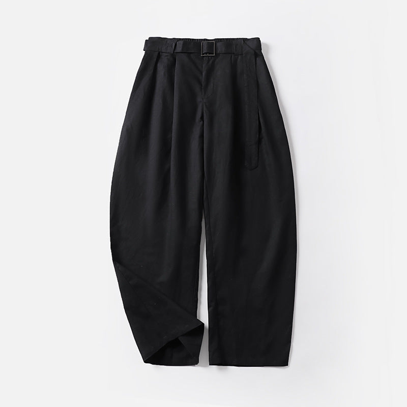 Women's High-Waisted Linen-Cotton Pleated Trousers with Tied Belt and Tapered Leg Chichicherry