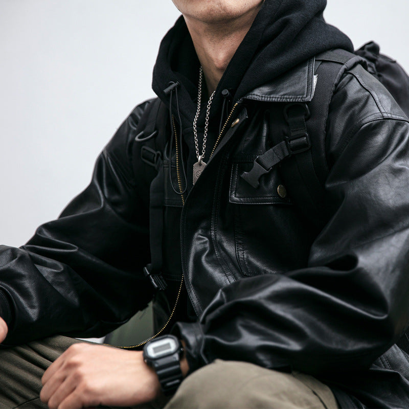 Herren Oversized Lederoptik-Utility-Jacke mit Pattentaschen und elastischem Saum Chichicherry
