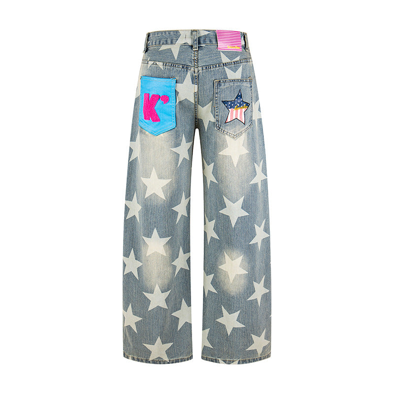 Women's Wide High-Waist Culotte Jeans with High Waist and Allover Star Print Chichicherry