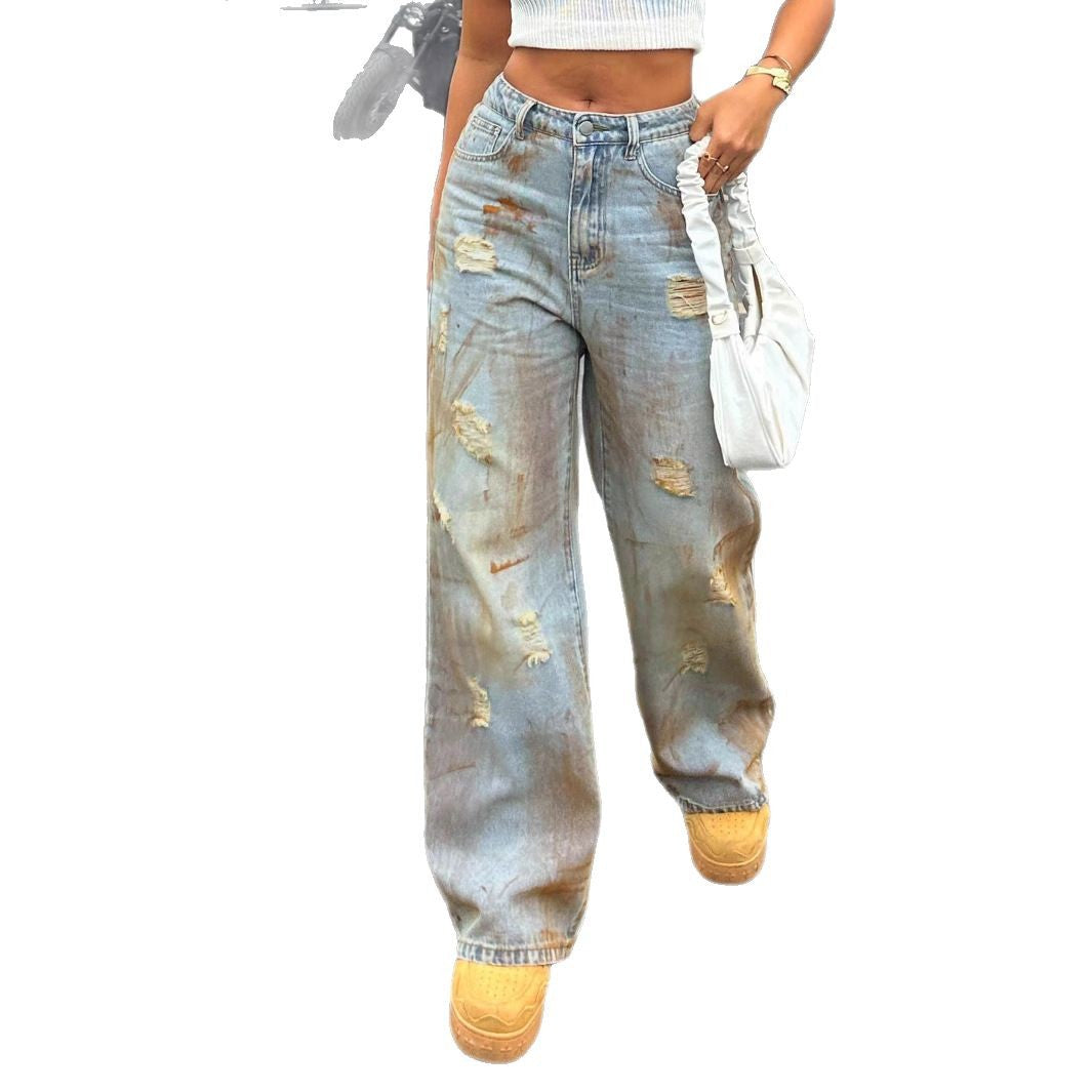 Women's high-cut wide-cut destroyed jeans with rust effect and casual fit Chichicherry
