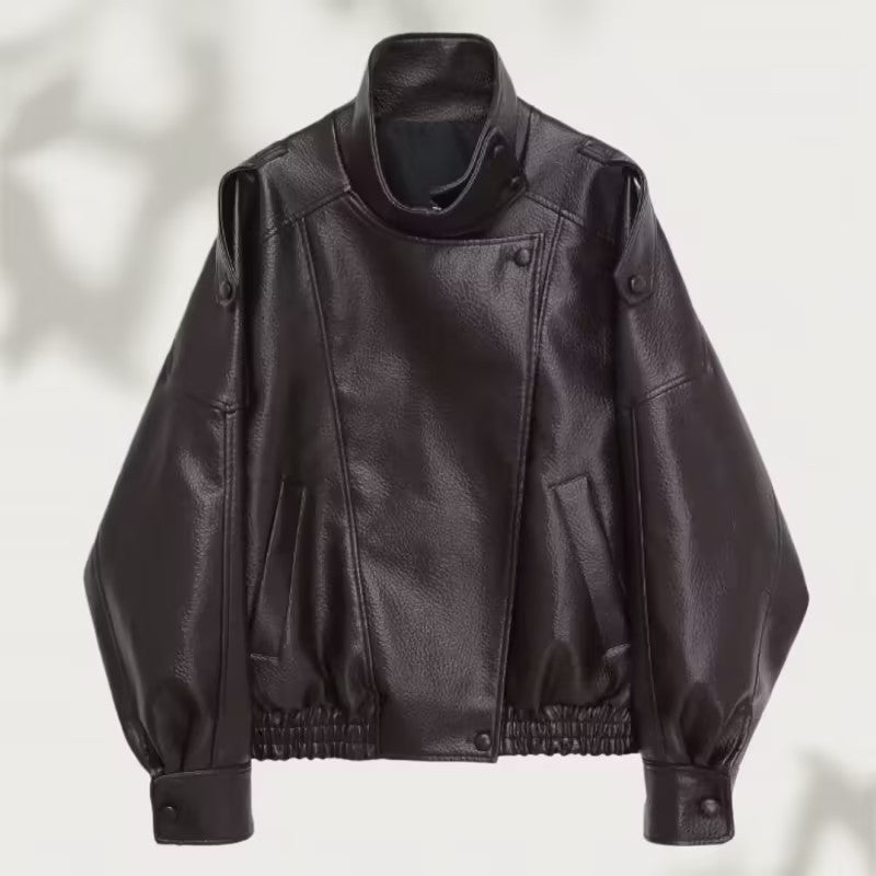 Women Oversized Faux Leather Biker Jacket with Asymmetric Lapel, Stand Collar, and Waist Drawstring Chichicherry