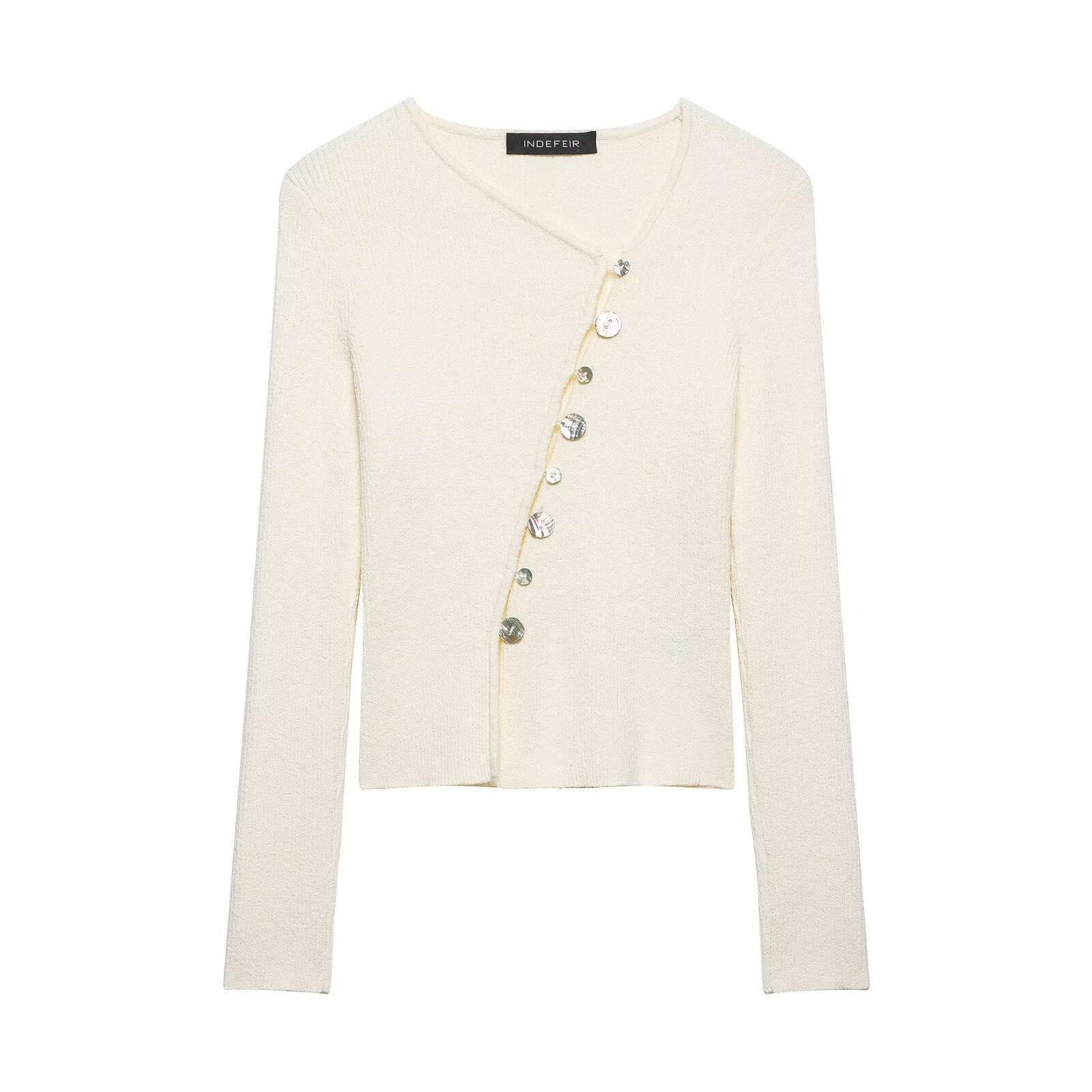 Women Asymmetrical Boucle Cardigan with V-Neck and Decorative Button Placket Chichicherry