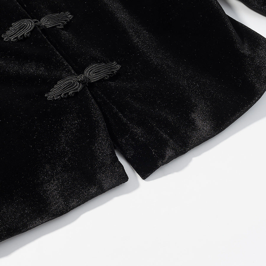Women's Cropped Jacket in Mandarin Style with Stand Collar and Decorative Knot Closures Chichicherry