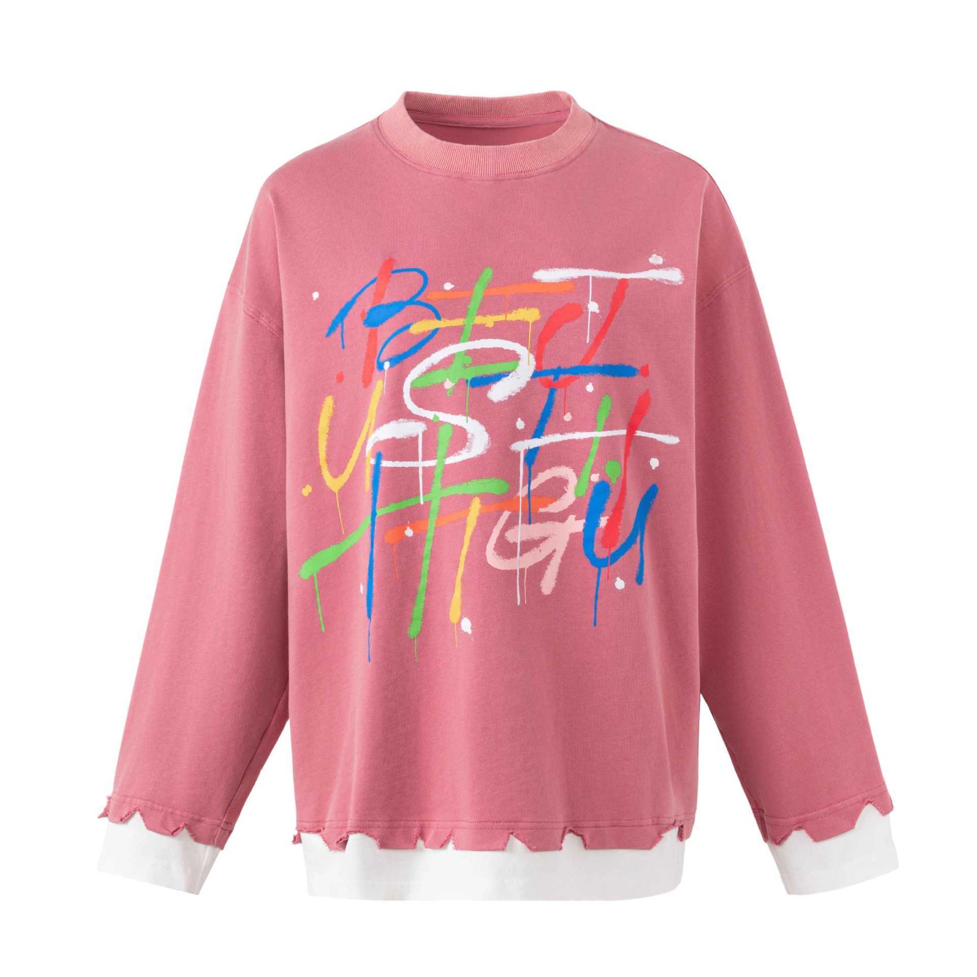 Women's Oversize Sweatshirt with Graffiti Print, Wavy Hem and Layered Look Chichicherry