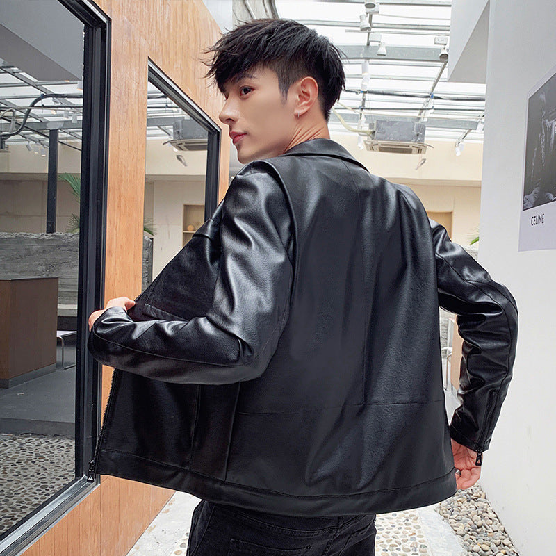 Men's minimalist artificial leather zip jacket with shirt collar and flap pockets Chichicherry