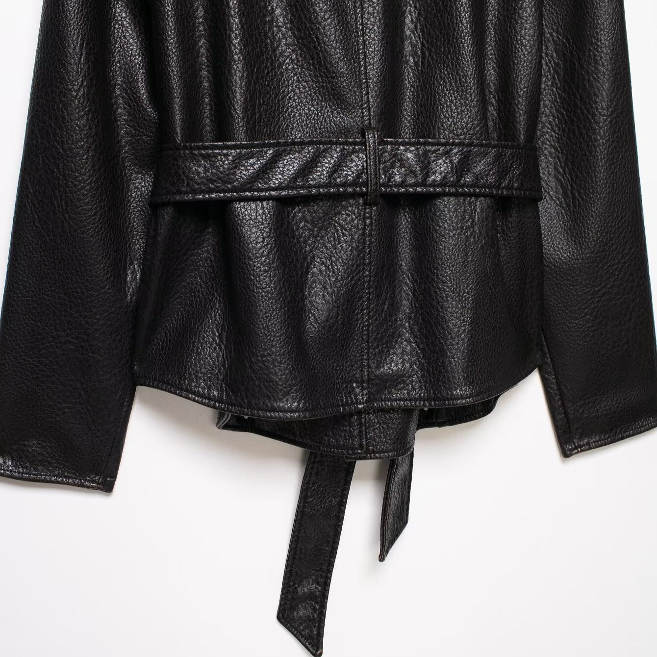 Women Short Jacket in Leather Look with Shawl Collar and Waist Tie Belt Chichicherry