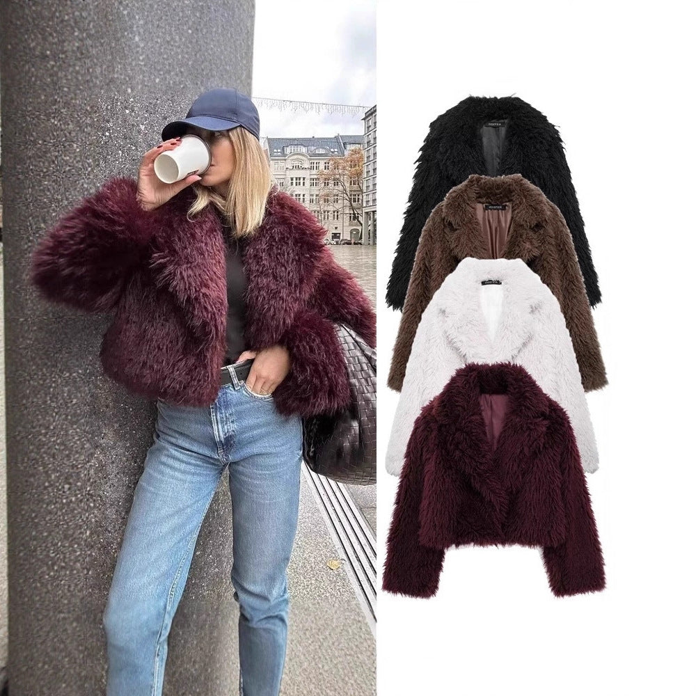 Womens cropped jacket in fluffy high-pile faux fur with deep shawl collar Chichicherry